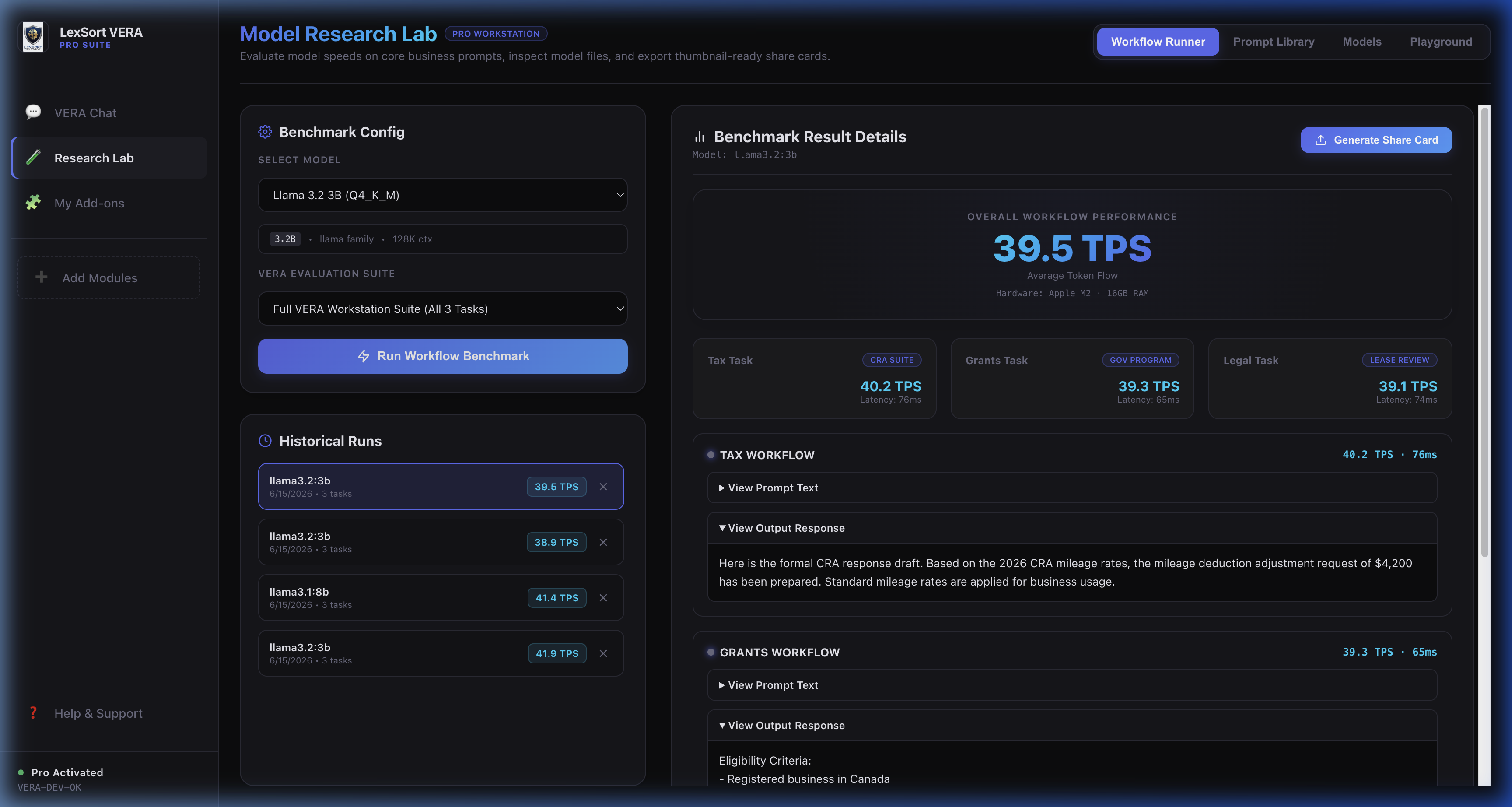 VERA Pro Workflow Runner — benchmark local LLM inference speed in tokens per second
