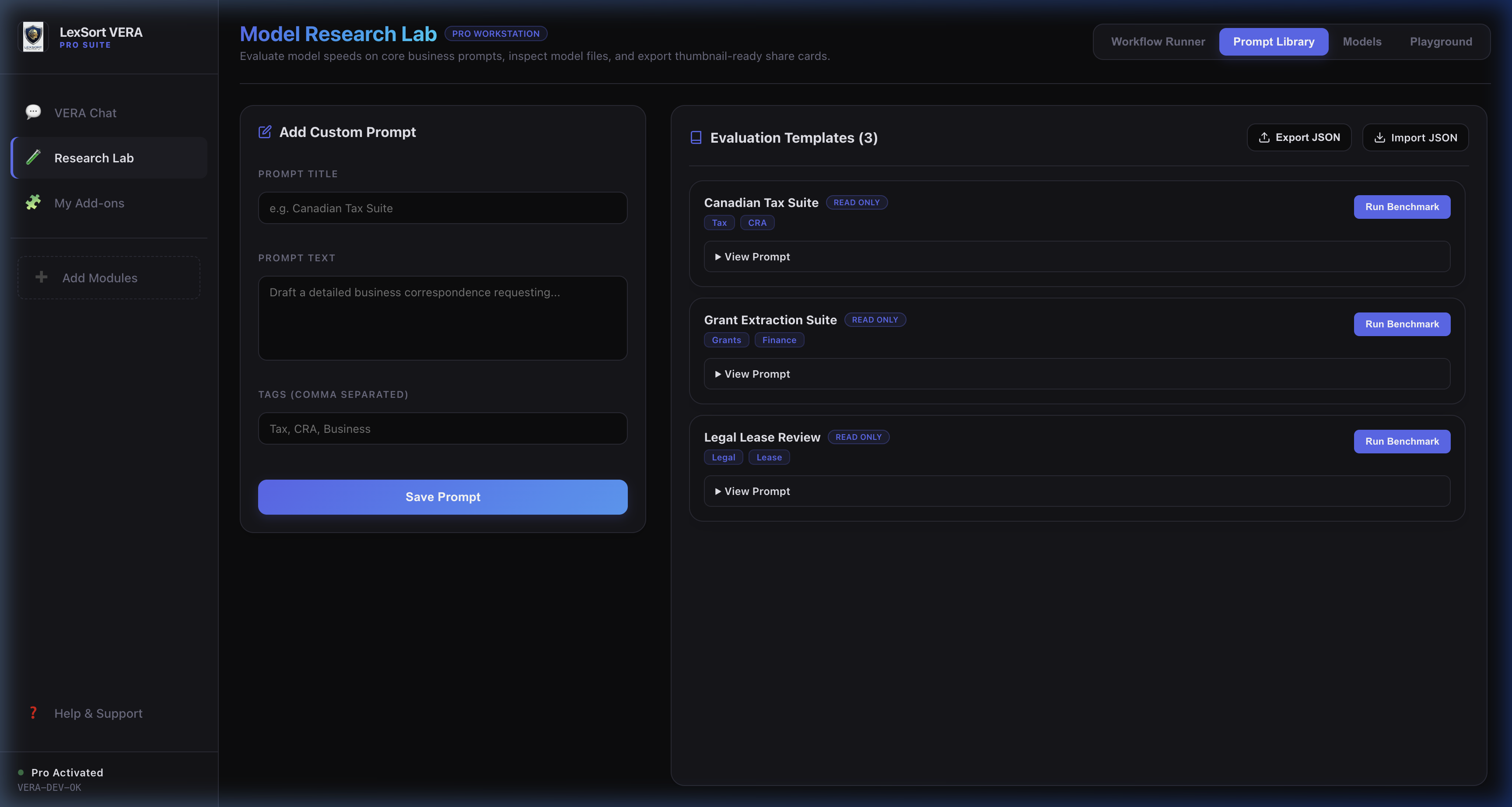 VERA Pro Prompt Library — manage and export evaluation prompt templates